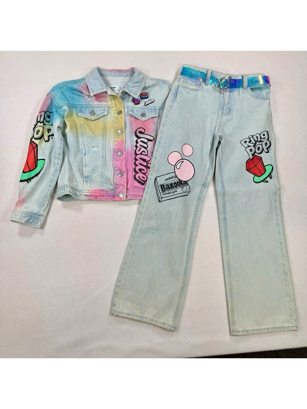 Justice x Bazooka Ring Pop Denim Set Jacket Jeans Belt Girls NWT Size 8 Small